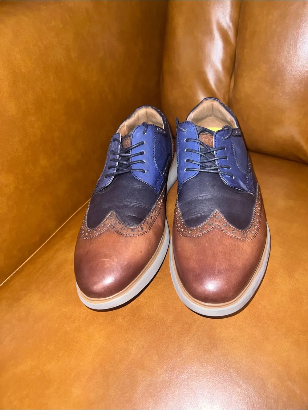 Florsheim Tan Brown & Navy Blue Colourblocked Leather Brogues men’s size 10.5W